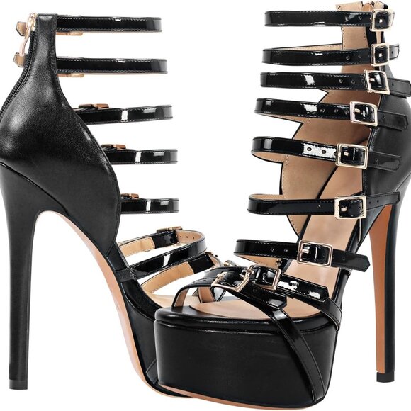 Women Gladiator Platform Sandals Ankle Strap Sky High Heels Buckles - Picture 1 of 6